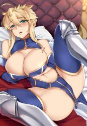 Rule 34 | 1girl, absurdres, ahoge, arm support, armored boots, artoria pendragon (fate), artoria pendragon (lancer) (fate), bad id, bad pixiv id, bare shoulders, bed, blonde hair, blue gloves, blue leotard, blue thighhighs, blush, boots, braid, breasts, cameltoe, cape, center opening, cleavage, cleavage cutout, clothing cutout, cross, crown, crown braid, elbow gloves, fate/grand order, fate (series), french braid, fur-trimmed cape, fur trim, gloves, green eyes, hair between eyes, heattech leotard, highleg, highleg leotard, highres, large breasts, leotard, leotard pull, long hair, looking at viewer, lying, navel, navel cutout, on back, on bed, open mouth, pillow, red cape, sidelocks, skindentation, solo, spread legs, thighhighs, turtleneck, xkit