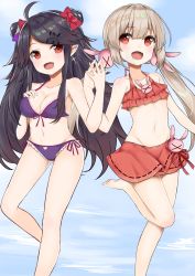 Rule 34 | &gt; &lt;, 2girls, :d, absurdres, ahoge, bare arms, bare shoulders, barefoot, bikini, black hair, blue sky, blush, bow, breasts, character request, cleavage, cloud, commentary request, cross, cross earrings, day, double bun, earrings, fang, feet, fingernails, frilled bikini, frills, front-tie bikini top, front-tie top, groin, hair between eyes, hair bow, hair bun, hair ornament, hairclip, hand on own chest, hand up, hands up, hashiko nowoto, head tilt, heart, highres, holding hands, interlocked fingers, jewelry, latin cross, light brown hair, long hair, low twintails, medium breasts, multiple girls, natori sana, navel, ocean, open mouth, outdoors, parted bangs, purple bikini, rabbit hair ornament, red bikini, red bow, red eyes, red ribbon, ribbon, ribbon trim, sana channel, side-tie bikini bottom, side bun, single side bun, sky, smile, soles, standing, standing on one leg, swimsuit, toes, twintails, very long hair, virtual youtuber, water, x hair ornament