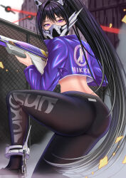 Rule 34 | 1girl, absurdres, artist request, ass, black hair, face mask, from behind, goddess of victory: nikke, gun, highres, long hair, looking at viewer, mask, pants, ponytail, purple eyes, shotgun, sin (nikke), solo, squatting, very long hair, weapon, yoga pants