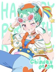 Rule 34 | 1girl, \m/, blue pants, blunt bangs, bracelet, character name, chimumu, choker, commentary request, dolldolldd, double bun, eyewear on head, green hair, hair bun, hands up, happy birthday, hat, highres, jewelry, korean commentary, looking at viewer, multicolored hair, necklace, one eye closed, open mouth, orange choker, pants, pink-tinted eyewear, pretty series, short hair, sidelocks, smile, solo, star (symbol), star choker, star necklace, star sticker, sticker on face, streaked hair, sunglasses, tinted eyewear, waccha primagi!, white-framed eyewear, white hair, wristband
