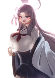 Rule 34 | 1girl, black skirt, blue archive, blush, breasts, fang, grey hair, halo, hanten (clothes), high-waist skirt, highres, large breasts, long hair, looking at viewer, looking to the side, moonjunk, neckerchief, pleated skirt, purple eyes, red neckerchief, school uniform, see-through silhouette, shirt, simple background, skin fang, skirt, smile, solo, very long hair, white background, white shirt, yukari (blue archive)