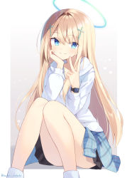 Rule 34 | 1girl, black skirt, blonde hair, blue eyes, blue jacket, closed mouth, clothes around waist, commission, convenient leg, feet out of frame, hair between eyes, hair intakes, hair ornament, halo, hands up, highres, hood, hood down, hoodie, jacket, jacket around waist, long hair, original, plaid, plaid jacket, pleated skirt, shirai tanuki, skeb commission, skirt, smile, socks, solo, twitter username, v, very long hair, watch, white hoodie, white socks, wristwatch