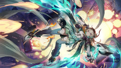 1girl absurdres armor black_hairband blue_pupils breasts city explosion falling firefly_(honkai:_star_rail) full_body grey_hair hair_between_eyes hairband henshin highres honkai:_star_rail honkai_(series) long_hair long_sleeves medium_breasts midair neckerchief open_mouth orange_neckerchief purple_eyes rx-c torn_clothes two-tone_eyes