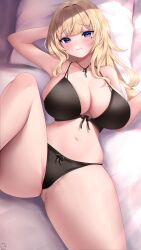 Rule 34 | 1girl, absurdres, arm behind head, bare shoulders, black bra, black panties, blonde hair, blue eyes, blush, bow, bow panties, bra, breasts, cleavage, closed mouth, collarbone, commentary, dadamyu, facial tattoo, highres, large breasts, leg up, long hair, lying, navel, on back, on bed, original, panties, pillow, raised eyebrows, smile, solo, symbol-only commentary, tattoo, underwear, underwear only