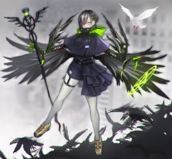 Rule 34 | 1girl, asymmetrical clothes, bad id, bad pixiv id, belt, bird, black hair, blurry, blurry background, claws, earrings, green eyes, hair ornament, hair over one eye, hairclip, high collar, hood, hood down, jewelry, legs apart, looking at viewer, low wings, mihato senba, original, pantyhose, short hair, skirt, solo, staff, standing, white bird, white pantyhose, wings