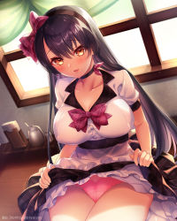 Rule 34 | 1girl, belt, black hair, blush, bow, bowtie, breasts, brown eyes, choker, clothes lift, collarbone, covered erect nipples, day, dress, dress lift, hairband, indoors, large breasts, lifted by self, long hair, looking at viewer, official art, open mouth, original, panties, sanom, sitting, smile, solo, underwear
