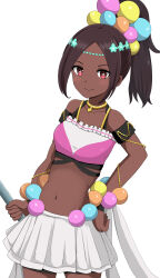 Rule 34 | 1girl, absurdres, bare shoulders, black shorts, brown hair, crop top, dark-skinned female, dark skin, fire emblem, fire emblem engage, hair ornament, hand on own hip, highres, holding, looking at viewer, navel, nintendo, patty ojisan, ponytail, red eyes, shorts, shorts under skirt, skirt, smile, solo, star-shaped pupils, star (symbol), symbol-shaped pupils, timerra (fire emblem), white background, white skirt