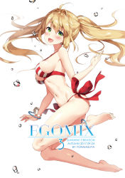 Rule 34 | 1girl, :d, ahoge, anklet, ass, bare arms, bare legs, bare shoulders, barefoot, bead bracelet, beads, bikini, blonde hair, blush, bracelet, breasts, commentary request, cover, cover page, earrings, fate/grand order, fate (series), floating hair, full body, green eyes, hair between eyes, hair intakes, halterneck, hand up, head tilt, highres, jewelry, long hair, looking at viewer, looking to the side, masuishi kinoto, medium breasts, navel, nero claudius (fate), nero claudius (fate) (all), nero claudius (swimsuit caster) (fate), open mouth, plantar flexion, red bikini, sideboob, sidelocks, simple background, smile, solo, striped bikini, striped clothes, swimsuit, twintails, very long hair, water drop, white background, white bikini
