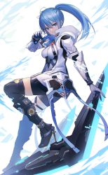 Rule 34 | 1girl, armor, armored boots, bike shorts, black footwear, black shorts, black thighhighs, blue eyes, blue hair, boots, bouncer (pso2), breasts, closed mouth, commentary, commentary request, commission, english commentary, floating hair, full body, gloves, hair between eyes, hair ribbon, hand up, high collar, highres, hood, hood down, hoodie, knee boots, leg up, long hair, looking at viewer, looking to the side, medium breasts, mixed-language commentary, open clothes, open hoodie, original, phantasy star, phantasy star online 2, ponytail, ribbon, science fiction, shorts, sidelocks, sion (9117), skeb commission, solo, thighhighs, white armor, white background, white gloves, white hoodie, yellow ribbon