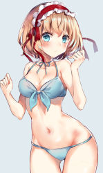 Rule 34 | 1girl, alice margatroid, bare shoulders, bikini, blonde hair, blue background, blue bikini, blue eyes, blush, breasts, cleavage, closed mouth, cowboy shot, front-tie bikini top, front-tie top, hair ribbon, hairband, halterneck, highres, kisaragi yuri, looking at viewer, medium breasts, navel, red hairband, red ribbon, ribbon, solo, stomach, swimsuit, touhou