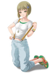 Rule 34 | 10s, 1girl, absurdres, alternate costume, ami (kawasemidori), blonde hair, full body, green eyes, hair ornament, hairclip, highres, huang baoling, jewelry, necklace, no socks, shirt, shoes, short hair, simple background, sneakers, solo, suspenders, t-shirt, tiger &amp; bunny, white background, yin yang