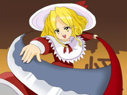 Rule 34 | &gt;:d, 1girl, :d, blonde hair, dress, elly (touhou), fingernails, hat, hat ribbon, holding, holding weapon, long sleeves, open mouth, red dress, red ribbon, ribbon, scythe, shawl, short hair, smile, solo, touhou, touhou (pc-98), ukanmuri, v-shaped eyebrows, weapon, yellow eyes