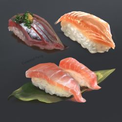 Rule 34 | artist name, celestial fang, fish, fish (food), food, food focus, gradient background, grey background, highres, jpeg artifacts, leaf, making-of available, meat, nigirizushi, original, rice, simple background, spring onion, still life, sushi, watermark