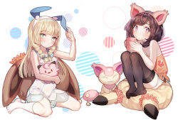 Rule 34 | 2girls, alternate hairstyle, animal ears, arm up, bare shoulders, black socks, blonde hair, blush, braid, breasts, brown eyes, brown hair, cat ears, cleavage, clefairy, collarbone, creatures (company), cup, cushion, doll, dress, eevee, fake animal ears, female focus, flower, full body, game freak, gen 1 pokemon, gen 3 pokemon, gen 7 pokemon, green eyes, hair flower, hair ornament, hairband, hand up, hands up, highres, holding, kneehighs, knees up, legs together, lillie (pokemon), long hair, looking at viewer, looking to the side, mimikyu, mug, multiple girls, nintendo, orange shirt, pink hairband, pokemon, pokemon (creature), red flower, see-through, selene (pokemon), selene (pokemon usum), shirt, short hair, short shorts, shorts, simple background, sitting, skitty, sleeveless, sleeveless dress, sleeveless shirt, small breasts, socks, thighhighs, twin braids, wariza, white background, white dress, white flower, white hairband, white legwear, white shorts, zuizi