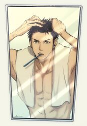 Rule 34 | 1boy, abs, adjusting hair, azzurro 000, bathroom, black eyes, black hair, highres, indoors, male focus, mirror, mitsui hisashi, mouth hold, scar, scar on chin, scar on face, short hair, slam dunk (series), solo, toothbrush, toothbrush in mouth, towel, towel around neck, upper body