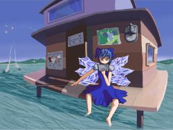 Rule 34 | barefoot, blue dress, blue eyes, blue hair, bow, circled 9, cirno, dress, fishing, food, hair bow, ice cream, luna child, reading, short hair, star sapphire, sunny milk, touhou, water, wings