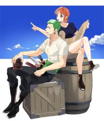 Rule 34 | 1boy, 1girl, bare arms, barrel, beer mug, black pants, blue skirt, blue sky, brown footwear, brown hair, cloud, cloudy sky, collarbone, commentary request, crossed legs, cup, earrings, full body, green hair, highres, holding, holding cup, holding map, jewelry, katana, looking to the side, map, mug, nami (one piece), one piece, open mouth, orange hair, outdoors, pants, pointing, pointing to the side, roronoa zoro, sheath, sheathed, shirt, short hair, short sleeves, single sidelock, sitting, skirt, sky, sword, ususmomo, weapon, white shirt, wooden box