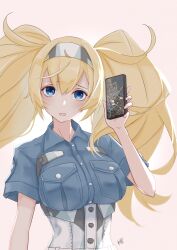 Rule 34 | 1girl, blonde hair, blue eyes, blue shirt, breast pocket, breasts, cellphone, collared shirt, gambier bay (kancolle), hair between eyes, hairband, highres, holding, holding phone, kantai collection, large breasts, long hair, multicolored hairband, neve (morris-minicooper), open mouth, phone, pink background, pocket, shirt, short sleeves, smartphone, solo, twintails, upper body