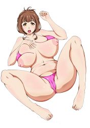 Rule 34 | 10s, 1girl, arajin (arazinz), breasts, brown hair, cameltoe, highres, huge breasts, kazami torino, lying, nipples, on back, orange eyes, panties, partially visible anus, plump, puffy nipples, solo, spread legs, underwear, valkyrie drive, valkyrie drive -mermaid-, white background