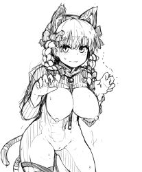Rule 34 | 1girl, animal ears, breasts, cat ears, cat tail, claw pose, cleft of venus, contrapposto, cowboy shot, fang, greyscale, hair between eyes, highres, kaenbyou rin, large breasts, looking at viewer, monochrome, multiple tails, nekomata, nipples, peso (cheese company), pussy, ribbed sweater, simple background, sketch, slit pupils, solo, sweater, tail, touhou, two tails
