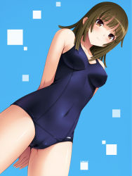Rule 34 | 10s, 1girl, arms behind back, bakemonogatari, bare shoulders, blue background, blush, breasts, brown eyes, brown hair, cameltoe, collarbone, covered erect nipples, covered navel, cygnus (cygnus7), embarrassed, fingernails, from below, frown, highres, impossible clothes, impossible swimsuit, large breasts, long fingernails, looking at viewer, looking down, monogatari (series), narrow waist, navel, nisemonogatari, one-piece swimsuit, school swimsuit, sengoku nadeko, sideboob, simple background, skin tight, solo, swimsuit, thighs, underwear, wet