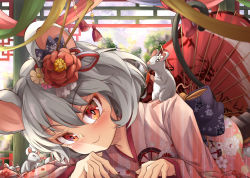 Rule 34 | alternate costume, animal, animal ears, animal on shoulder, architecture, blush, bow, east asian architecture, floral print, flower, grey hair, hair flower, hair ornament, highres, japanese clothes, kimono, looking at viewer, lying, mahimaru, mouse (animal), mouse ears, mouse girl, mouse on shoulder, mouse tail, nazrin, red bow, red eyes, tail, tail bow, tail ornament, touhou, unmoving pattern, yukata