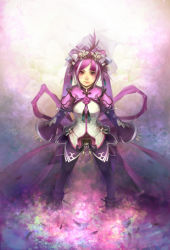 Rule 34 | 1girl, blush, chinese clothes, female focus, from above, gradient background, hair ornament, lips, long hair, looking at viewer, multicolored hair, original, ornate, pantyhose, purple eyes, purple hair, purple theme, ribbon, solo, standing, tassel, twintails, two-tone hair, very long hair, white hair, youshun (naturaljuice)