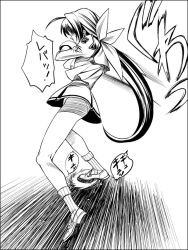 Rule 34 | 1girl, a1 (initial-g), border, emblem, from behind, full body, greyscale, hair intakes, hair ribbon, kagami sumika, long hair, monochrome, muv-luv, ponytail, ribbon, shorts, shorts under skirt, simple background, skirt, socks, solo, standing, striped clothes, striped socks, uniform, very long hair, white background