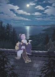 Rule 34 | 1girl, :d, ^ ^, bare shoulders, bow, closed eyes, cloud, cloudy sky, commentary request, commission, forest, full moon, glowing, gourd, highres, holding, holding tray, horizon, horns, japanese clothes, kimono, moon, nature, night, night sky, nijisanji, obi, ocean, oni, open mouth, outdoors, purple bow, purple hair, purple kimono, rindou mikoto, rooftop, sash, scenery, short eyebrows, sitting, skeb commission, skin-covered horns, sky, smile, solo, thick eyebrows, torii, tray, virtual youtuber, wasabi60, water