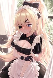 Rule 34 | 1girl, absurdres, alternate costume, apron, black dress, black gloves, black ribbon, blonde hair, blue eyes, blush, breasts, cleavage, cleavage cutout, clothing cutout, dress, embarrassed, enmaided, eyepatch, gloves, goddess of victory: nikke, guillotine (nikke), hair ribbon, highres, holding own arm, long hair, looking to the side, maid, maid headdress, medium breasts, ponytail, ribbon, shimotsuki tsurara, solo, very long hair, wavy hair, white apron