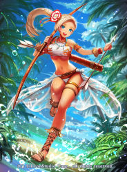 Rule 34 | 1girl, arrow (projectile), bare shoulders, blonde hair, blue eyes, bow (weapon), bracelet, coconut tree, company name, dark skin, dark-skinned female, day, flower, full body, gyakushuu no fantasica, hair flower, hair ornament, jewelry, leaf, long hair, midriff, miyano akihiro, navel, necklace, official art, open mouth, palm tree, ponytail, quiver, sandals, sky, solo, tree, water, weapon