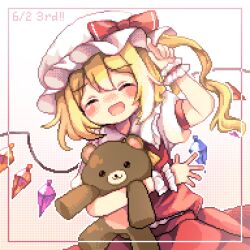 Rule 34 | 1girl, arm up, blonde hair, blush, border, bow, closed eyes, crystal, flandre scarlet, hat, hat bow, highres, holding, holding stuffed toy, mob cap, omochinegi, one side up, open mouth, pixel art, puffy short sleeves, puffy sleeves, red border, red skirt, red vest, shirt, short sleeves, skirt, skirt set, smile, solo, stuffed animal, stuffed toy, teddy bear, touhou, upper body, vest, white background, white hat, white shirt, wings, wrist cuffs