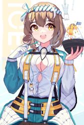 Rule 34 | 1girl, :d, arknights, belt, bird mask, blue coat, blush, bowl, breasts, brown hair, button gap, cleavage, coat, commentary, cowboy shot, earrings, food, gloves, hachimaki, headband, highres, holding, holding bowl, holding food, holding spoon, jewelry, charm (object), large breasts, looking to the side, magallan (arknights), magallan (shaved-ice memories) (arknights), mask, mask around neck, medium hair, multicolored hair, nejiri hachimaki, no bra, official alternate costume, open mouth, piao mao, pixel art, shaved ice, shirt, single glove, smile, snowflake earrings, solo, spoon, streaked hair, suspenders, the emperor (arknights), two-tone hair, white gloves, white hair, white shirt, yellow eyes