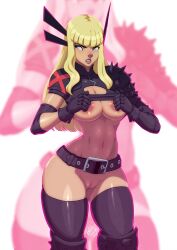 Rule 34 | 1girl, animification, armor, artist name, belt, blonde hair, blue eyes, breasts, cleft of venus, clothes lift, female focus, highres, illyana rasputina, large breasts, long hair, magik, magik (x-men), marvel, navel, new mutants, nipples, pussy, shirt lift, simple background, solo, spiked pauldrons, thick thighs, thighhighs, thighs, tovio rogers, wide hips, x-men