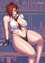Rule 34 | 1girl, alcohol, bar (place), between breasts, blue eyes, blush, bottle, breasts, covered erect nipples, curvy, female focus, fingerless gloves, gloves, hair over one eye, large breasts, necktie, nipples, panties, papepox2, red hair, short hair, sitting, snk, solo, the king of fighters, thighs, underwear, vanessa (kof)