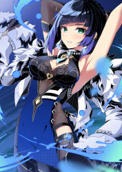 Rule 34 | 1girl, absurdres, armpits, arms up, asymmetrical legwear, black gloves, blue hair, blue thighhighs, blush, breasts, elbow gloves, genshin impact, gloves, green eyes, highres, large breasts, looking at viewer, mole, mole on breast, parted lips, short hair, single thighhigh, solo, thighhighs, vision (genshin impact), yelan (genshin impact), yuito (yuitokobunasbs0)