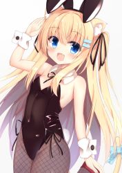 Rule 34 | 1girl, animal ears, bare shoulders, black leotard, blonde hair, blue eyes, blush, bow, bowtie, breasts, cat ears, detached collar, fake animal ears, fake tail, fang, fishnet pantyhose, fishnets, hair ornament, hair ribbon, hairclip, highres, hiragana iroiro, leotard, long hair, looking at viewer, open mouth, original, pantyhose, playboy bunny, rabbit ears, rabbit tail, ribbon, skin fang, small breasts, smile, solo, strapless, strapless leotard, tail, wrist cuffs