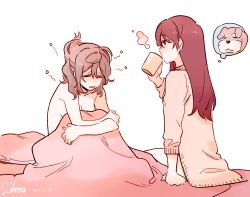Rule 34 | 10s, 2girls, aftersex, artist name, bad id, bad twitter id, commentary request, cup, dog, drinking, closed eyes, grey hair, imagining, long hair, long sleeves, love live!, love live! sunshine!!, messy hair, mug, multiple girls, naked sweater, nude, open mouth, pillow, pito (sh02327), red hair, sakurauchi riko, simple background, sitting, sleepy, steam, sweater, twitter username, under covers, watanabe you, white background, yuri