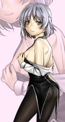 Rule 34 | 1girl, asashin (kazami-tomo), ass, bare shoulders, black pantyhose, blush, bottomless, breasts, clothes pull, green eyes, hands on own chest, highres, jacket, jacket pull, looking at viewer, necktie, pantyhose, sanya v. litvyak, short hair, silver hair, strike witches, world witches series