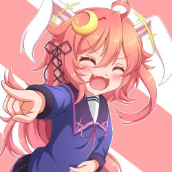 Rule 34 | 1girl, animal ears, blush, crescent, crescent hair ornament, crescent pin, foreshortening, hair between eyes, hair ornament, hair ribbon, kantai collection, long hair, long sleeves, looking at viewer, open mouth, pink hair, pleated skirt, rabbit ears, rabbit hair ornament, ribbon, school uniform, serafuku, sills, skirt, smile, solo, uzuki (kancolle)