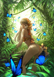 Rule 34 | 1girl, ass, brown eyes, brown hair, bug, butterfly, dark-skinned female, dark skin, feather hair ornament, feathers, fern, from behind, hair ornament, harupy, highres, insect, leaf, leaning forward, log, long hair, looking at viewer, looking back, moss, nature, original, outdoors, rope, solo, tree, wading, water
