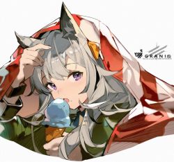 Rule 34 | 1girl, animal ear fluff, animal ears, arknights, blanket, character name, dadijiji, food, grani (arknights), grani (miraculous moment) (arknights), green jacket, grey hair, hand up, holding, holding food, horse ears, ice cream, ice cream cone, jacket, long hair, looking at viewer, official alternate costume, portrait, purple eyes, solo, wristband