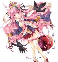 Rule 34 | 1girl, animal ears, bell, bird, breasts, cat ears, cleavage, crow, crown, hair ornament, long hair, nogi takayoshi, oil-paper umbrella, open mouth, original, pink eyes, pink hair, pleated skirt, scarf, school uniform, simple background, skirt, solo, thighhighs, torn clothes, umbrella, very long hair, white background, white thighhighs, zettai ryouiki