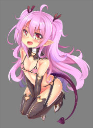 Rule 34 | 1girl, :d, ahoge, blush, boots, bra, breasts, clothing cutout, covered erect nipples, demon tail, fang, garter belt, hair ribbon, heart, heart cutout, highres, long hair, no panties, open mouth, original, pink hair, pointy ears, ribbon, simple background, small breasts, smile, solo, tail, thigh boots, thighhighs, twintails, underwear, unname, v arms, very long hair, yellow eyes