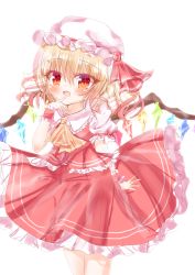 Rule 34 | 1girl, absurdres, ascot, blonde hair, cowboy shot, crystal, finger to mouth, flandre scarlet, frilled shirt collar, frilled skirt, frilled sleeves, frilled vest, frills, hat, hat ribbon, highres, looking at viewer, medium hair, mob cap, multicolored wings, open mouth, orange eyes, puffy short sleeves, puffy sleeves, red ribbon, red skirt, red vest, ribbon, sabata yoshi, shirt, short sleeves, simple background, skirt, solo, touhou, vest, white background, white hat, white shirt, wings, wrist cuffs, yellow ascot