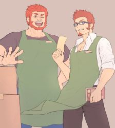 Rule 34 | 2boys, alternate costume, apron, beard, blue eyes, book, box, brown hair, couple, facial hair, fate/grand order, fate/zero, fate (series), flat color, glasses, hierotubas, holding, iskandar (fate), long sideburns, long sleeves, looking at viewer, male focus, multiple boys, muscular, napoleon bonaparte (fate), one eye closed, open mouth, pants, pectorals, red eyes, red hair, scar, simple background, smile, smirk, uniform