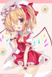 Rule 34 | 1girl, ;d, arm up, ascot, blonde hair, blush, character name, commentary request, crystal, fang, flandre scarlet, frilled shirt collar, frilled sleeves, frills, full body, hair between eyes, hat, hat ribbon, holding, honoka chiffon, looking at viewer, miniskirt, mob cap, one eye closed, one side up, open mouth, petticoat, puffy short sleeves, puffy sleeves, red eyes, red ribbon, red skirt, red vest, ribbon, shoes, short hair, short sleeves, sitting, skirt, smile, solo, star (symbol), thighhighs, touhou, vest, wariza, white hat, white thighhighs, wings, wrist cuffs, yellow ascot, zettai ryouiki