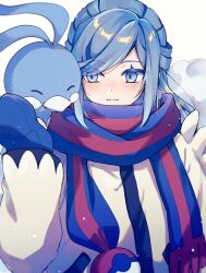 Rule 34 | 1boy, altaria, blonde hair, blue eyes, blue hair, blue mittens, blush, closed eyes, closed mouth, creatures (company), game freak, gen 3 pokemon, grusha (pokemon), highres, jacket, light blue hair, long sleeves, male focus, mittens, multicolored hair, nekojiri, nintendo, pokemon, pokemon (creature), pokemon sv, scarf, simple background, two-tone scarf, upper body, white background, yellow jacket