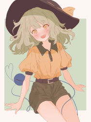 Rule 34 | 1girl, absurdres, alternate costume, belt, belt buckle, black hat, blush, buckle, cowboy shot, green hair, hat, heart, heart of string, highres, iris-san, komeiji koishi, long hair, looking at viewer, open mouth, outside border, puffy short sleeves, puffy sleeves, shirt, short shorts, short sleeves, shorts, sitting, smile, solo, touhou, yellow eyes, yellow shirt