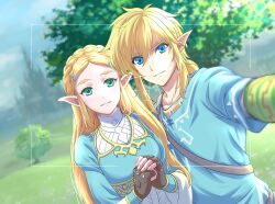 Rule 34 | 1boy, 1girl, absurdres, black gloves, blonde hair, blue eyes, blue tunic, blurry, blurry background, braid, champion&#039;s tunic (zelda), commentary request, crown braid, dutch angle, fingerless gloves, gloves, green eyes, hair ornament, hairclip, highres, hyrule castle, light smile, link, long hair, long sleeves, looking at viewer, low ponytail, medium hair, nintendo, own hands together, parted lips, pointy ears, princess zelda, selfie, sidelocks, the legend of zelda, the legend of zelda: breath of the wild, tomo.puri, tunic, upper body, viewfinder